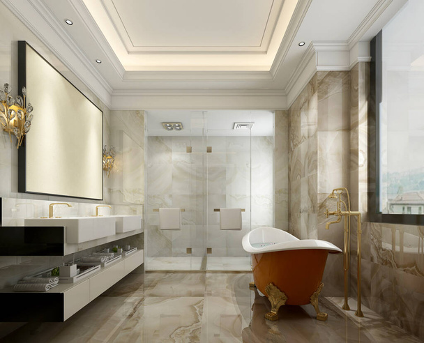 3dレンダリングの豪華なモダンなバスルームとともに浴槽 - 写真・画像