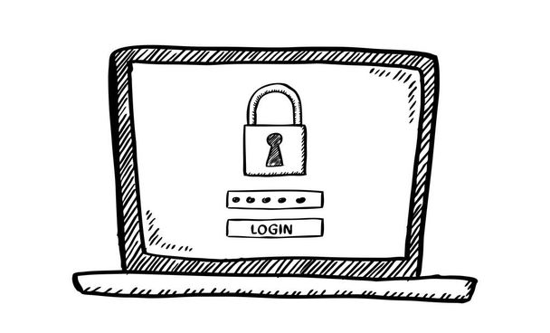 Cartoon style doodle του φορητού υπολογιστή με σύνδεση για να εξασφαλίσει λογαριασμό στην οθόνη. Χειροποίητη εικονογράφηση διανύσματος σκίτσα. - Διάνυσμα, εικόνα
