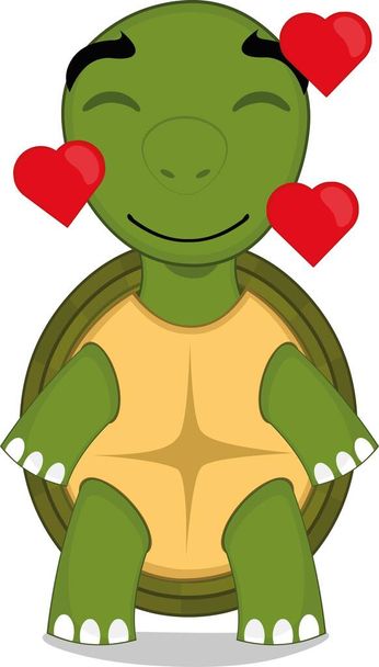 Bir karikatür karakteri çizimi. Mutlu bir aşk ifadesi ve kalplerle çevrili bir kaplumbağa. - Vektör, Görsel