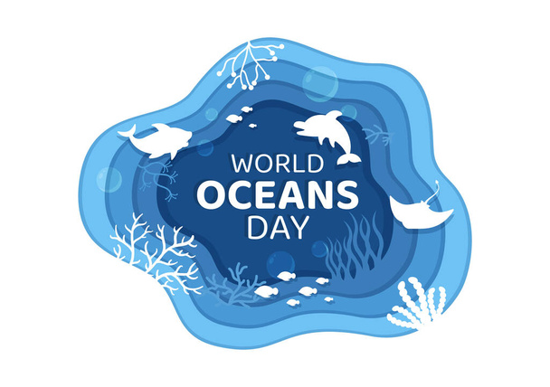 World Ocean Day Cartoon Illustration with Underwater Scenery, Various Fish Animals, Corals and Marine Plants Dedicated to Helping Protect or Preserve - Vetor, Imagem