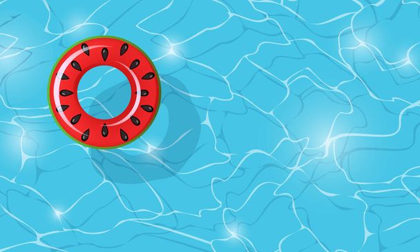 Swimming circle watermelon on water surface top view for ocean, sea, pool. Swim ring for summer party. Inflatable colorful rubber toy. Lifebyou swimming ring. Summer vacation or trip safety. - Vector, Image