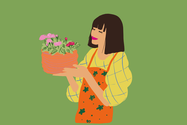 Tekening van een vrouw met bloemen op de achtergrond - Vector, afbeelding
