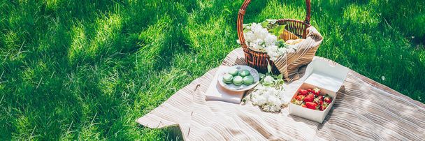 Summer picnic. Banner image for design. Basket with lilac flowers, box with fresh strawberry, dessert macaroons on plaid on green grass. Copy space - Фото, изображение