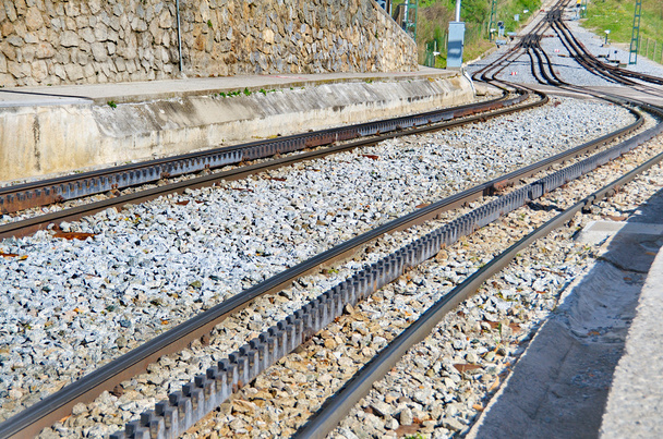 Rack railway railroad tracks in Vall de Nuria, Spain - Photo, Image