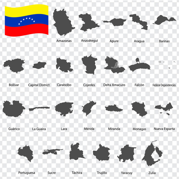 Fünfundzwanzig Departements für Karten Venezuelas - alphabetische Reihenfolge mit Namen. Jede einzelne Karte der Provinz ist aufgelistet und mit Formulierungen und Titeln versehen. Bolivarische Republik Venezuela. EPS 10. - Vektor, Bild