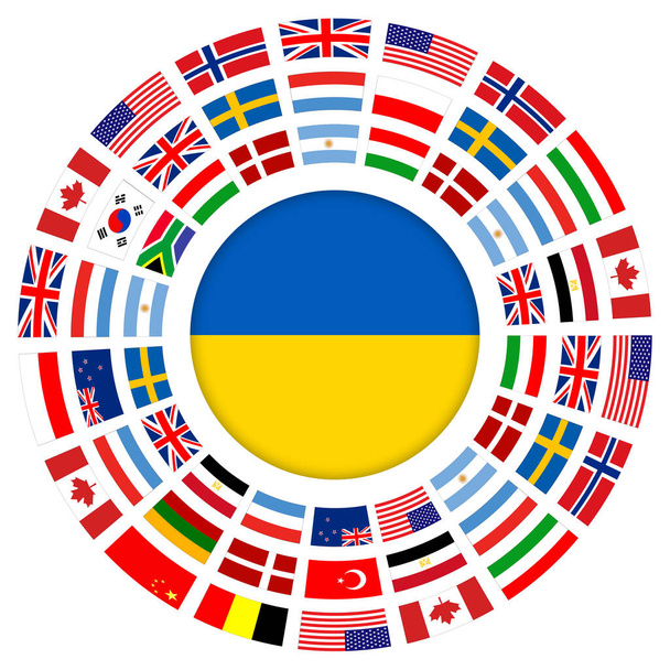 A symbol of international cooperation with Ukraine. Ring of flags around Ukrainian flag button, Ukraine surrounded by flags as support symbol, vector illustration. - Vettoriali, immagini