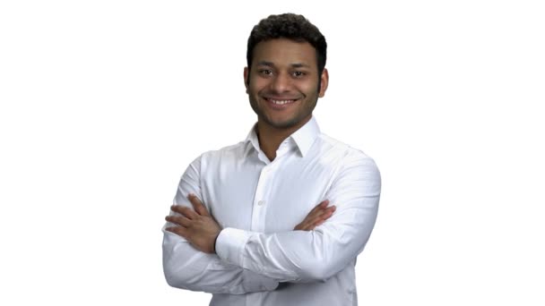Portrait of young happy businessman on white background. - Footage, Video