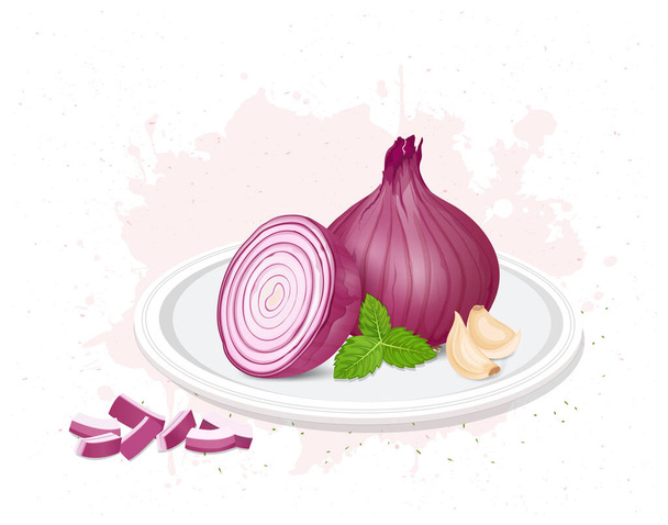 Onion root vegetable vector illustration with garlic cloves and mint leaves - Vector, Image