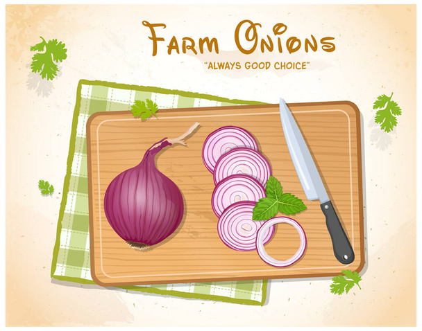 Red Onion Vegetable vector illustration with round slices and sharp knife on wooden chopping board  - Vector, Image