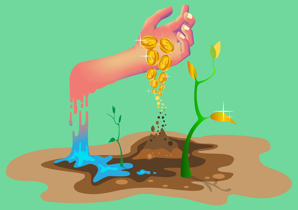 Saving money concept. Hand drop soin into money on plants. Plants are germination growing. Skin dissolves into water. - Wektor, obraz