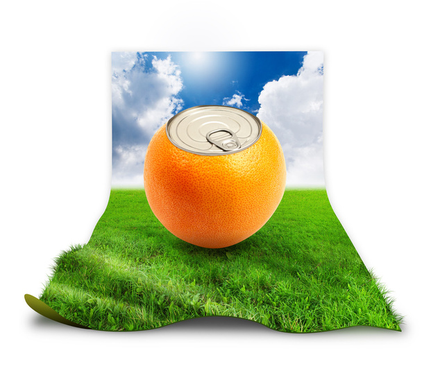Свежая оранжевая банка на траве
 - Фото, изображение