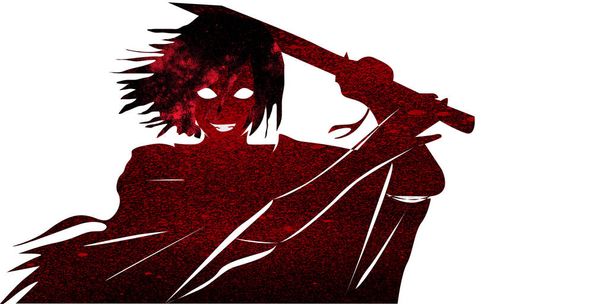 De sinistere manga-stijl meisje glimlacht goddeloos, met enorme katana achter haar, op een bloedrode achtergrond met vele spetters. - Foto, afbeelding