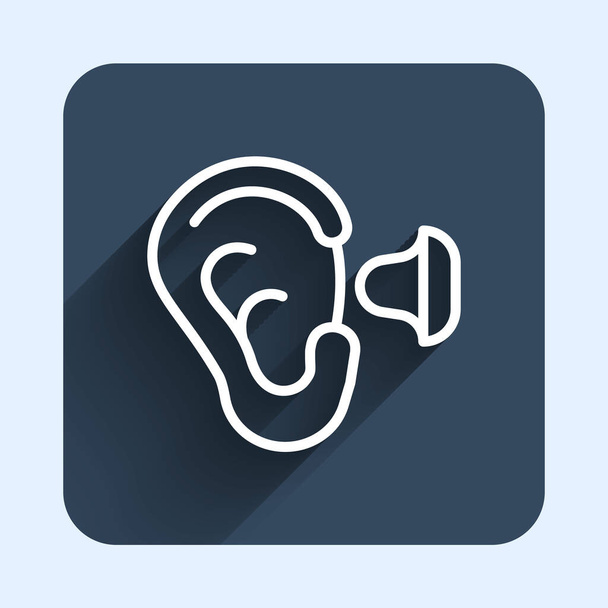 Beyaz çizgi kulak tıkaçları ve uzun gölge arkaplan izole kulak ikonu. Kulak tıkacı işareti. Gürültü sembolü. Uyku kalitesi konsepti. Mavi kare düğme. Vektör - Vektör, Görsel