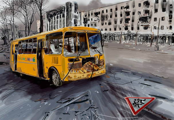 Illustration of the war in Ukraine. Ruined city, Children's bus. - Foto, Imagen
