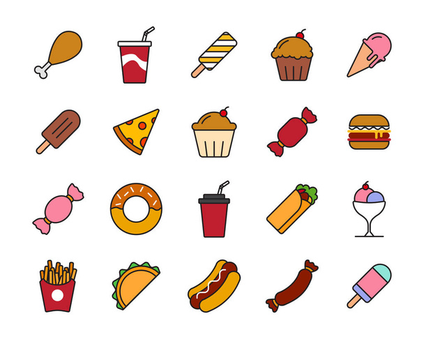 set of simple food icon design, cute cartoon illustration of menu restaurant in outline style. - Wektor, obraz