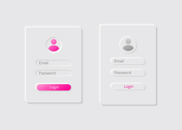 Login and password form. Neumorphism sign up and log in user page. White background. Registration interface of modern web or mobile app. UI UX design. Create account form - Vettoriali, immagini