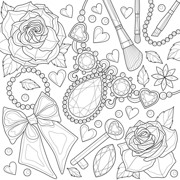 Flatley with necklace and roses.Coloring book antistress for children and adults. Illustration isolated on white background.Zen-tangle style. Hand draw - Вектор,изображение