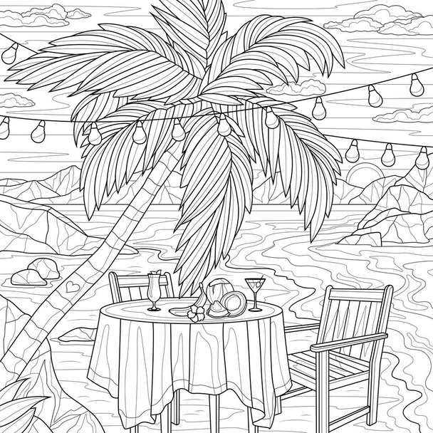 Table with cocktails near the palm tree. Sunset by the sea.Romantic dinner.Coloring book antistress for children and adults. Illustration isolated on white background.Zen-tangle style. Hand draw - Vector, imagen