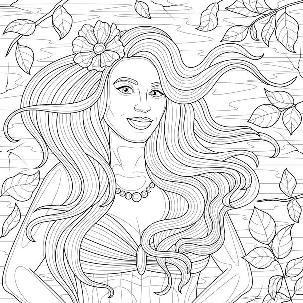 Ένα κορίτσι με μακριά μαλλιά και ένα λουλούδι σε αυτό.Χρωματισμός βιβλίο antistress για παιδιά και ενήλικες. Εικόνα απομονωμένη σε λευκό φόντο. Στυλ Zen-κουβάρι. Χειροκίνητη κλήρωση - Διάνυσμα, εικόνα