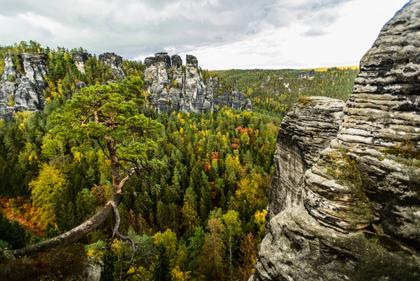 Picturesque autumn scenery of Elbe Sandstone mountains, Saxon Switzerland National Park near Dresden, Germany - Φωτογραφία, εικόνα