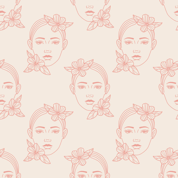 Vrouwelijke portret vector herhalen patroon, schoonheid thema, geïllustreerd gezicht met bloemen, roze naadloze achtergrond. - Vector, afbeelding