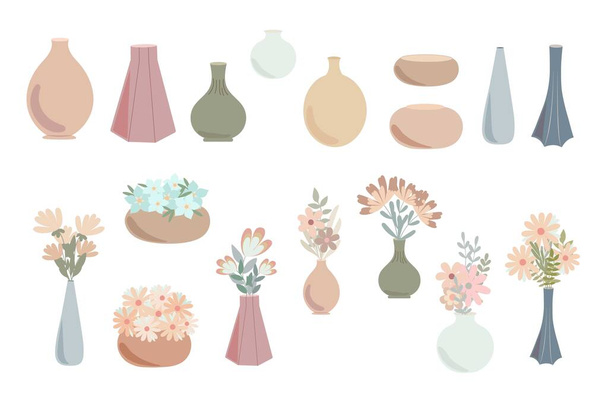 Богемські вази з вишуканими світло-оранжевими квітами в простому стилі абстрактний векторний пастель кольоровий ілюстрації, модний мінімалістський затишний домашній декор концепція, романтичні вітальні листівки, запрошення - Вектор, зображення