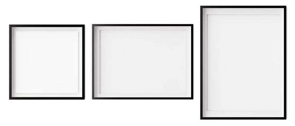 Set of square, horizontal und vertical picture frames isolated on white background. Black frames with white paper border inside. Template, mockup for your picture or poster. 3d rendering. - Foto, afbeelding