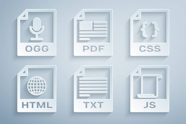 Ορισμός εγγράφου αρχείου TXT, CSS, HTML, JS, PDF και OGG. Διάνυσμα - Διάνυσμα, εικόνα