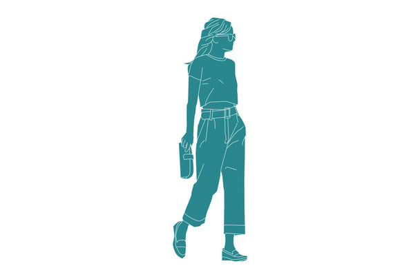 Wektor ilustracja casual kobieta chodzenie po bocznicy z portfelem, płaski styl z zarysem - Wektor, obraz