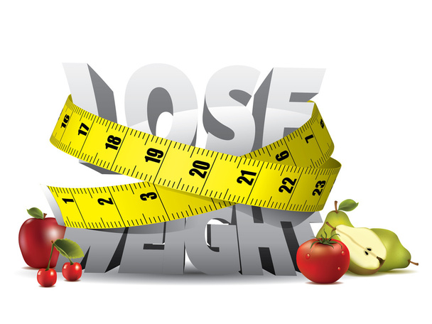 Perdere peso testo con nastro di misura e frutta
 - Vettoriali, immagini