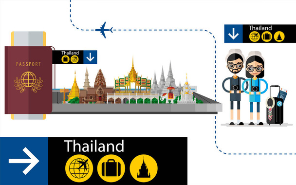 Tailandia concepto de viaje Los lugares más bellos para visitar en Tailandia en estilo plano. - Vector, imagen