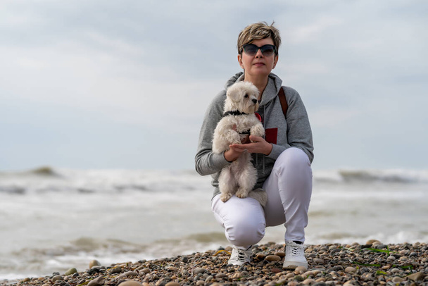 attractive woman with bichon maltese dog on beach vacation - Photo, Image