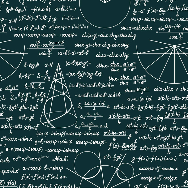 Vector mathematics seamless pattern with different signs, figures, formulas and graphs of functions. Math green chalkboard background - Vettoriali, immagini