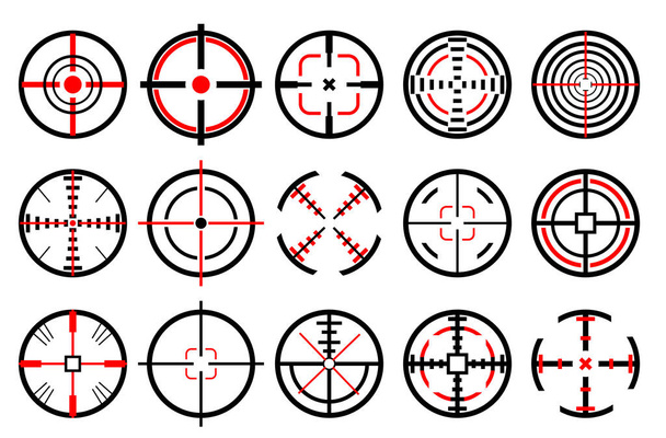 Ikony celowników krzyżowych ustawione na białym tle. Cel cel i dążenie do znaku bullseye. Różne ikony strzelców gier graficznych. - Wektor, obraz