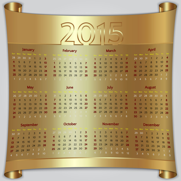 カレンダー 2015年ベクトル (日曜日) 最初のアメリカ週 12 ヶ月ゴールデン金属 - ベクター画像