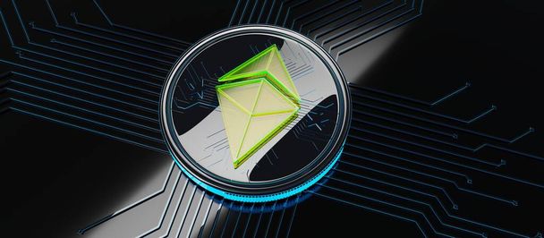 Ethereum blockchain, crypto currency encryption. Digital payment and money exchange. Green light sign on black background. 3D Render - 写真・画像