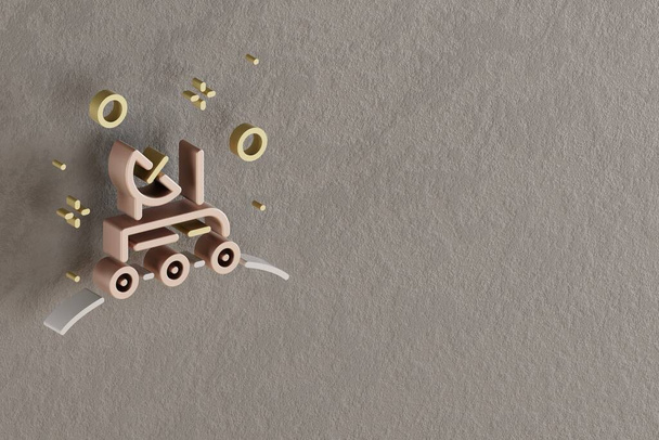 Όμορφη αφηρημένη εικόνες Golden Rover και Satellite εικονίδια σύμβολο σε ένα γκρι φόντο τοίχο. 3D απεικόνιση. Σχέδιο φόντου για το σχεδιασμό. Διαστημική εξερεύνηση - Φωτογραφία, εικόνα