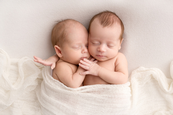 Tiny newborn twins boys in white cocoons on a white background. A newborn twin sleeps next to his brother. Newborn two twins boys hugging each other.Professional studio photography - Fotó, kép