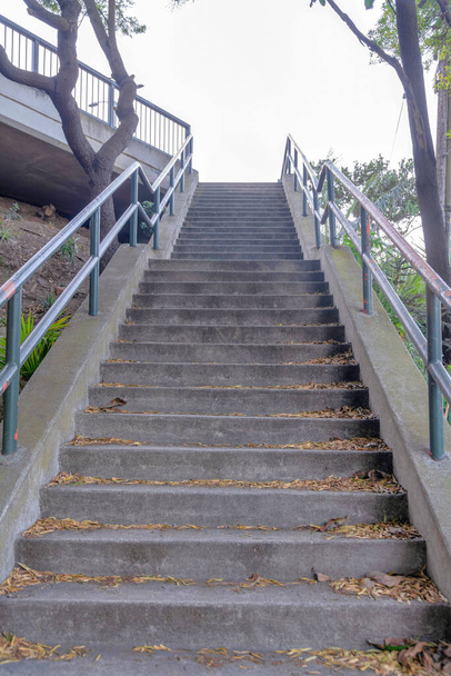 Escadaria ao ar livre com degraus de concreto e grades de metal em São Francisco, Califórnia. Escadas com desembarques em uma encosta com árvores contra o fundo do céu brilhante. - Foto, Imagem