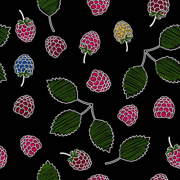Raspberries on a black background stylized as a pencil drawing seamless pattern - Vektor, kép