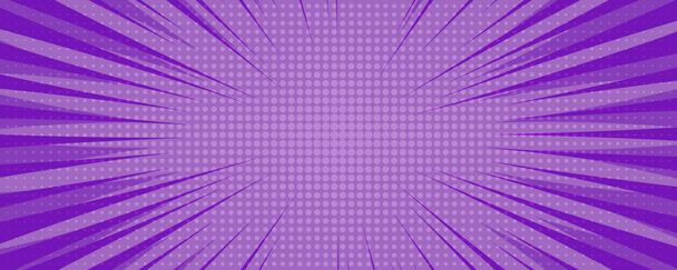 Fondo de página de cómic púrpura en estilo pop art con espacio vacío. Plantilla con rayos, puntos y textura efecto semitono. Ilustración vectorial - Vector, Imagen