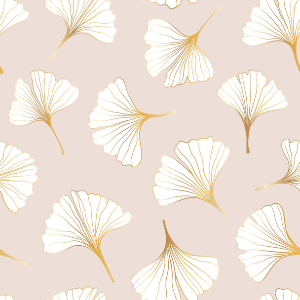seamless pattern of hand draw illustrations floral outline golden ginkgo biloba leaves on pink background. for wall decoration, postcard or brochure cover design. - Vector, imagen