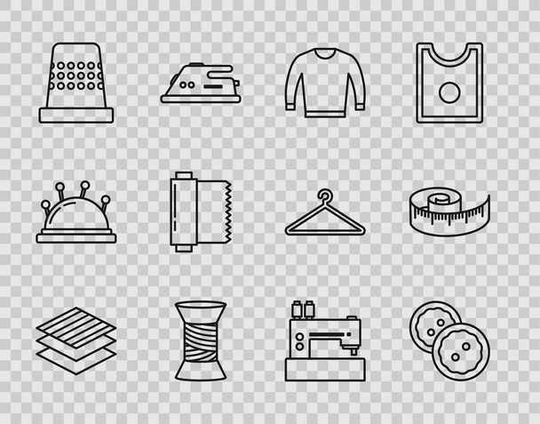 Set line Textile fabric roll, Sewing button for clothes, Sweater, thread spool, Thimble sewing, machine and Tape measure icon. Vector - Vector, Imagen