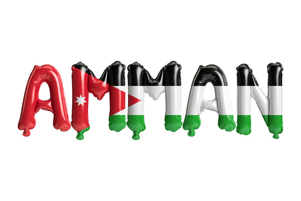 Ilustración 3d de globos capitales de Ammán con banderas de Jordania color aislado en blanco - Foto, imagen