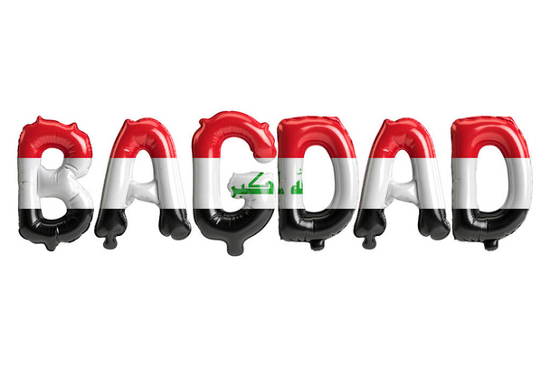 3d illustration of Bagdad capital balloons with Iraq flags color isolated on white - Fotografie, Obrázek