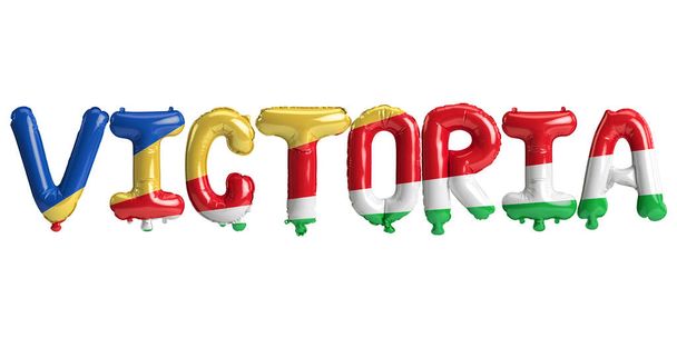 3d illustration of Victoria capital balloons with Seychelles flags color isolated on white - Fotografie, Obrázek