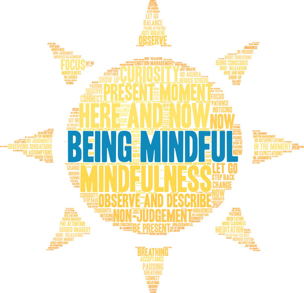 Being Mindful word cloud on a white background.  - Vector, Image