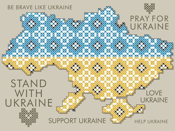 Stickerei gestylt, Kreuzstichmuster Karte der Ukraine mit Textzitaten - Vektor, Bild