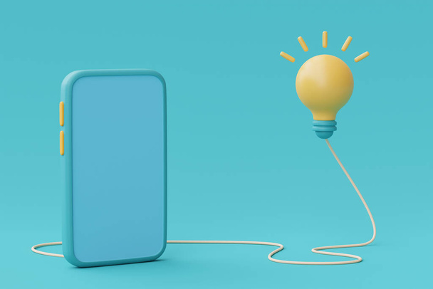 青の背景にスマートフォンで浮かんでいる3Dレンダリング黄色の電球。最小限のスタイル、 3Dレンダリング. - 写真・画像