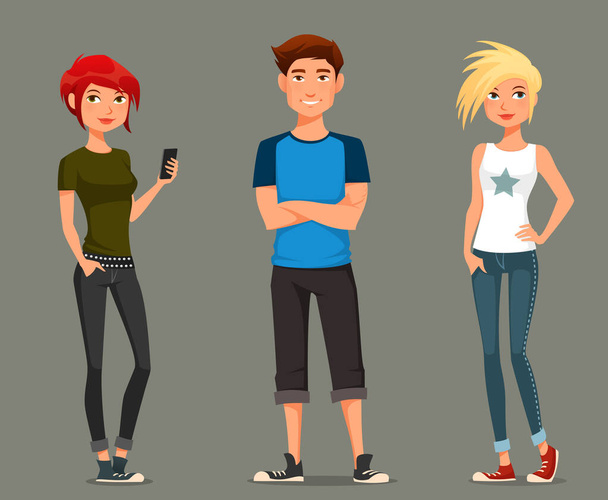 cute cartoon illustration of young people in casual street fashion, teenagers or students. - Vector, Image